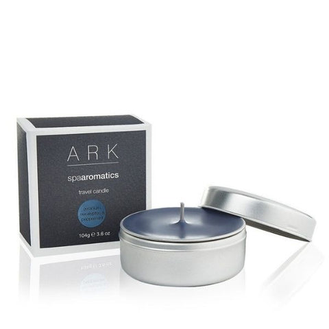 ARK Skincare's Geranium, Eucalyptus & Peppermint Travel Candle in small silver tin