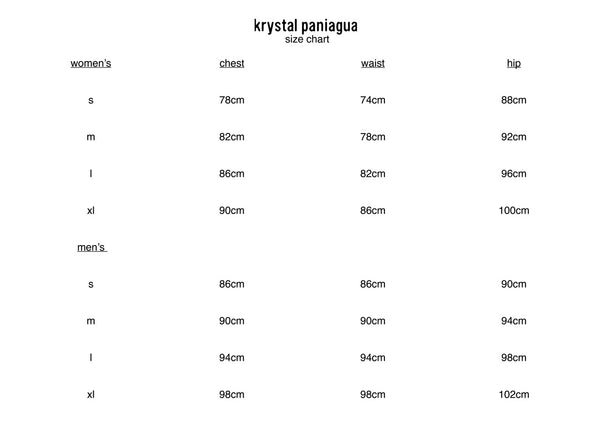 Tabla de tallas de Krystal Paniagua