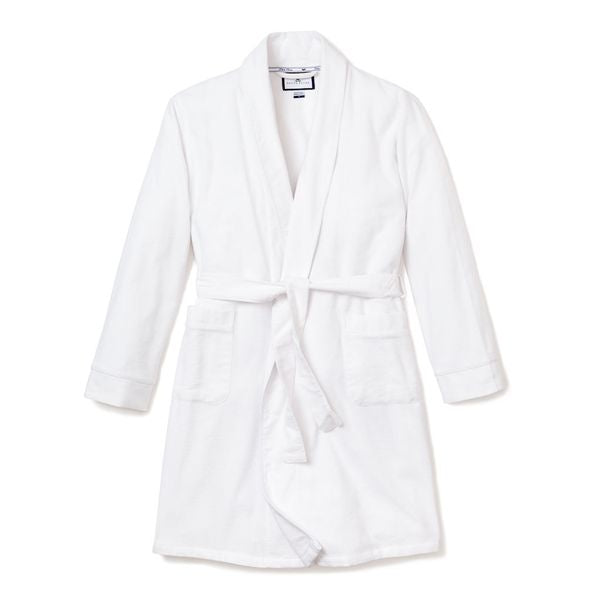 Women's White Flannel Robe with Navy Piping