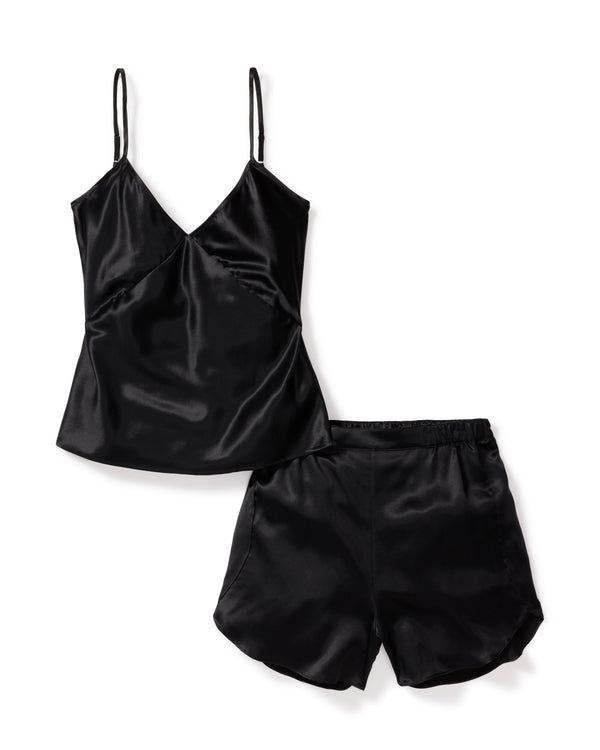 Black Pure Mulberry Silk Camisole and Scalloped Shorts Set