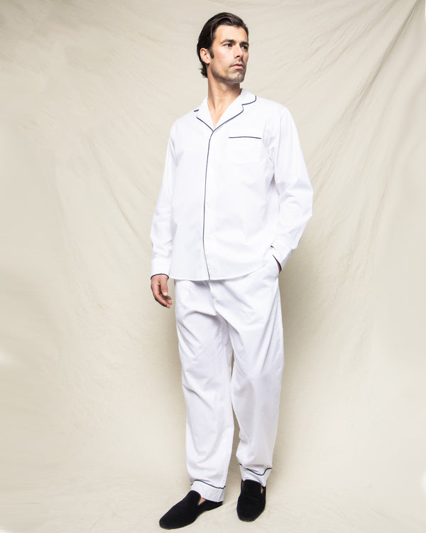 Women's White Cotton Pajama Set (Navy Piping)