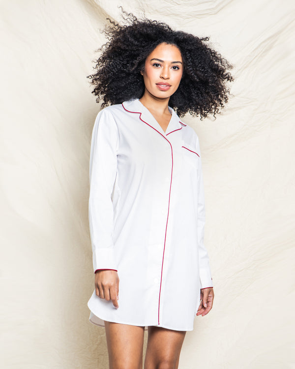Women's Twill Nightshirt in White with Navy Piping – Petite Plume