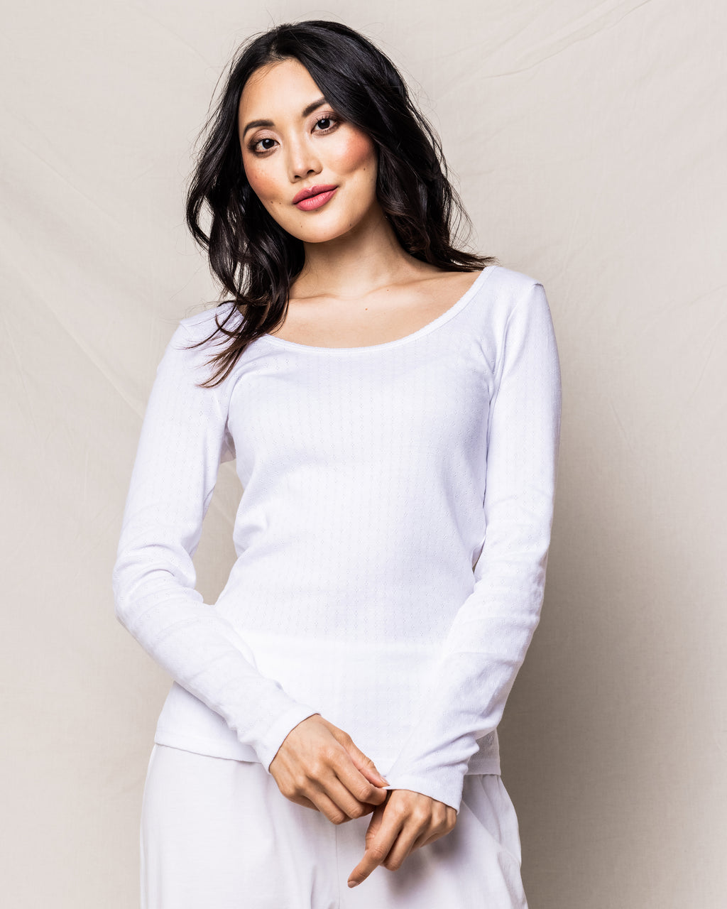 Women's White Pima Cotton Long Sleeve Top | Petite Plume