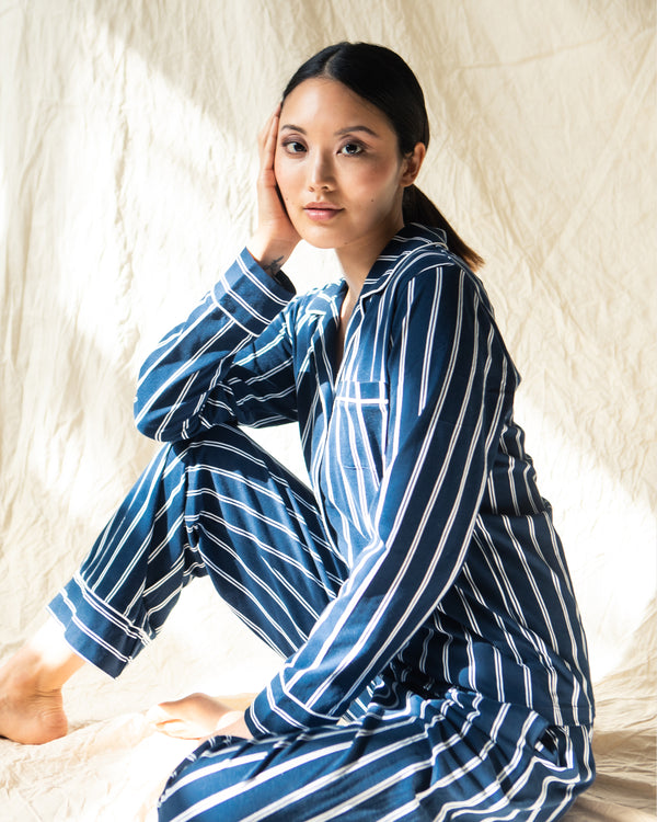 Women's Pima Pajama Set in Navy Stripe – Petite Plume