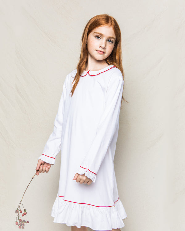 Women's Twill Pajama Set in White with Red Piping
