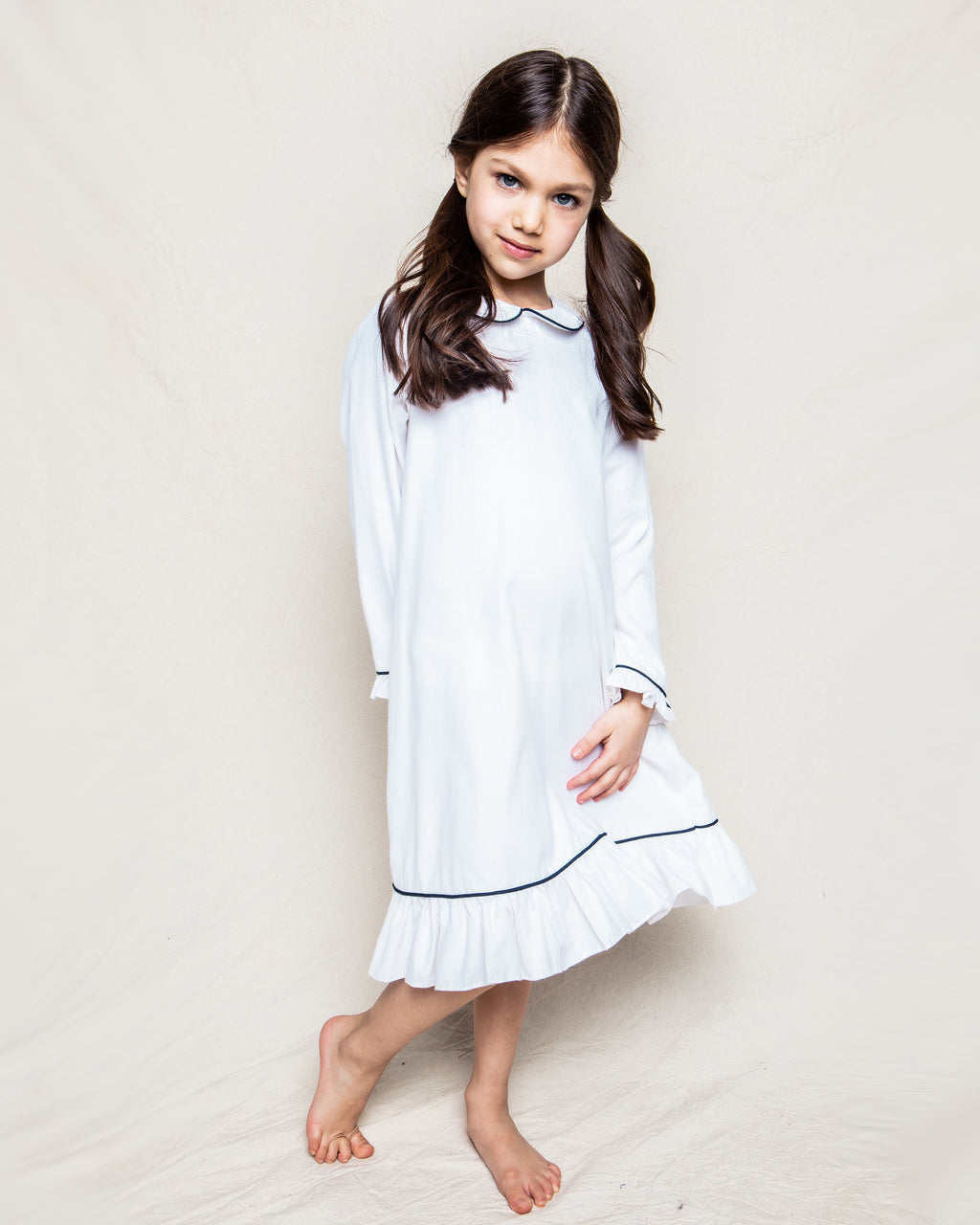 Children's White Sophia Nightgown with Navy Piping | Petite Plume