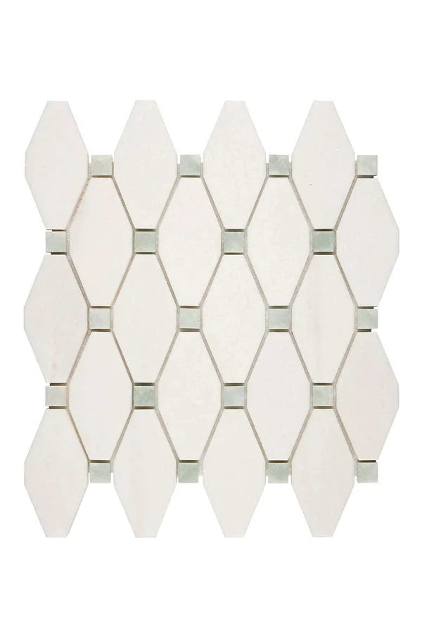 White Thassos Marble Elongated Hexagon Green Mosaic