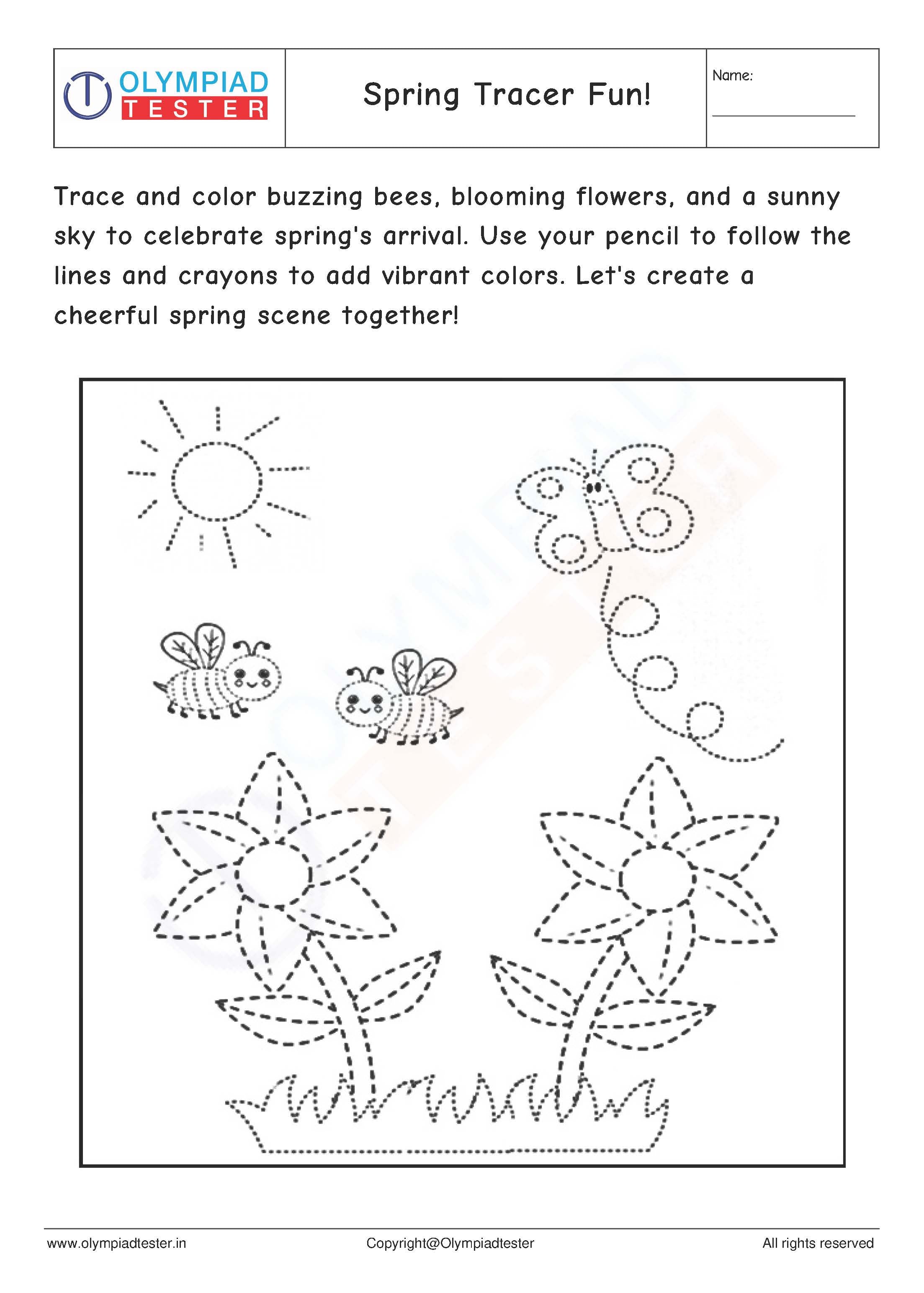 Spring tracing and coloring worksheet for kindergarten