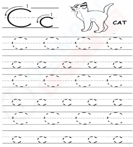 Catchy Cursive C! Trace the letter C with a cute cat. | Olympiad tester