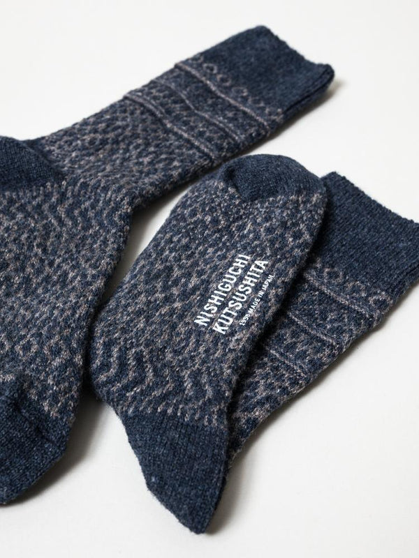 Wool Jacquard Socks, Navy - rikumo