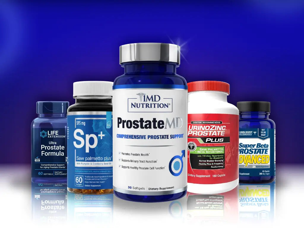 five different prostate supplement product bottles