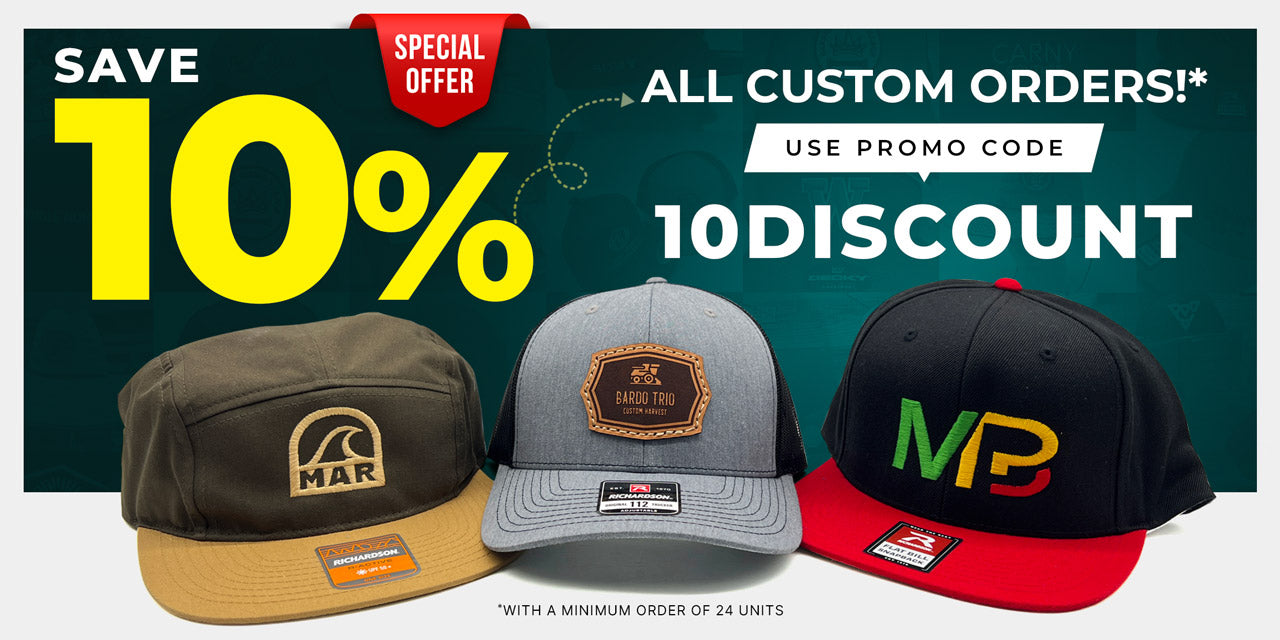 Promotional ad for 10% off on custom cap orders with a minimum of 24 units, using code '10DISCOUNT'