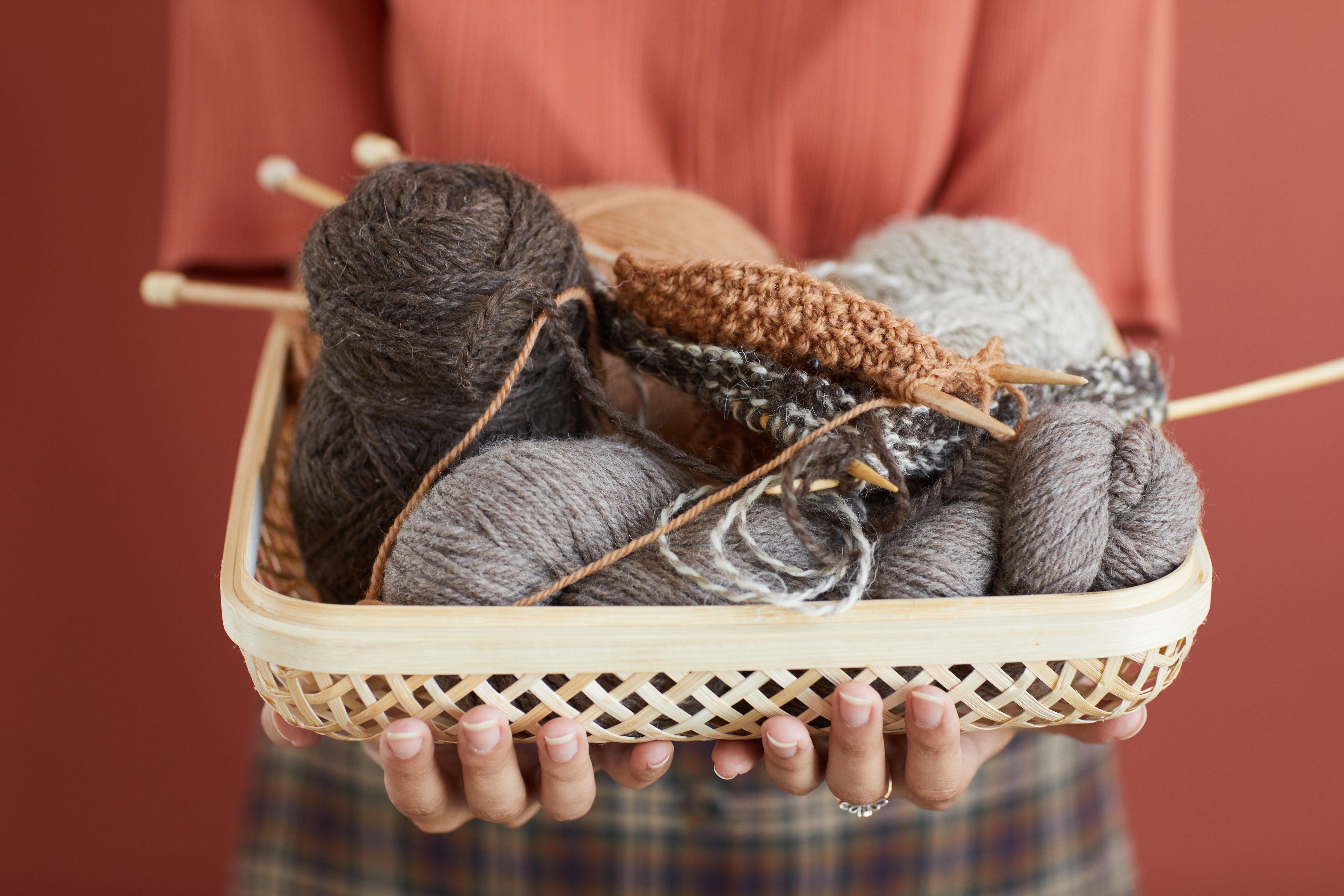 A basket of wool yarn with scratchy and irritating texture 