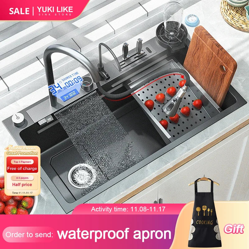 304 Stainless Steel Kitchen Waterfall Sink Digital Display Large Single Sink Dish Basin Sink With Multifunction Touch Waterfall