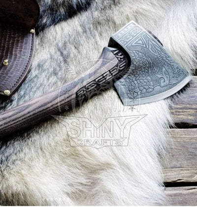 Damascus Viking Axe Pair With Ashwood Handle, Leather Wrap And Leather  Sheath