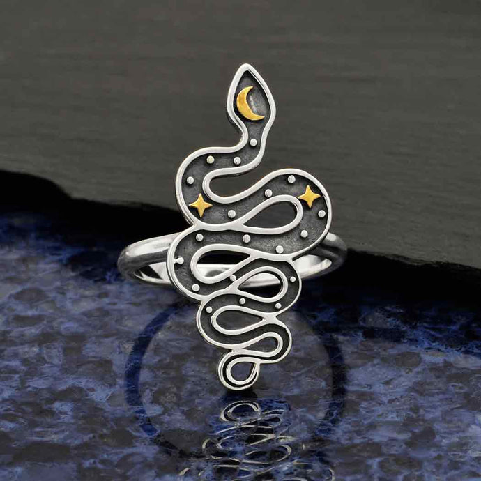 RING | Sterling Silver Snake Ring with Bronze Star and Moon