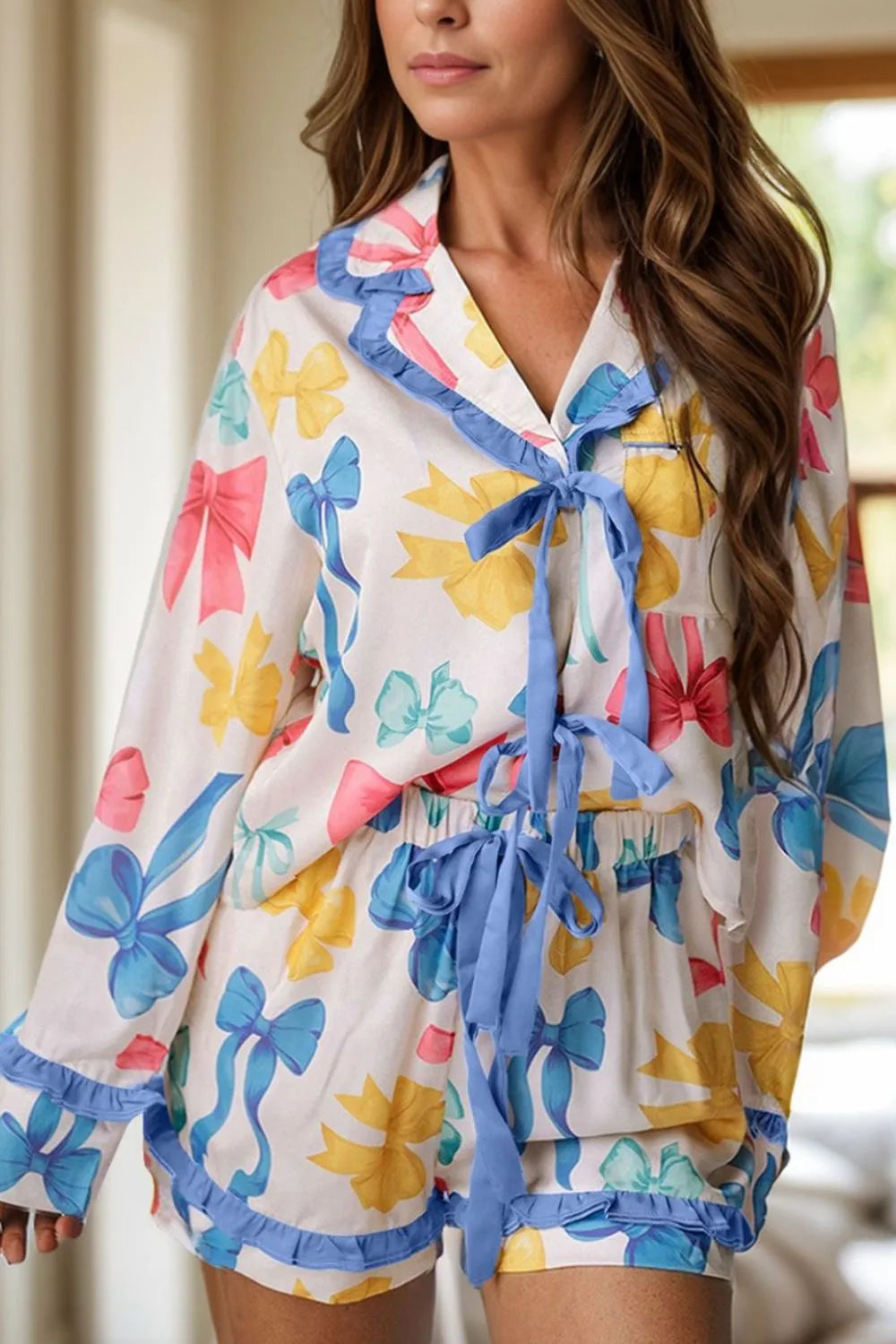 Bow Print Collared Neck Top and Shorts Pajama Set