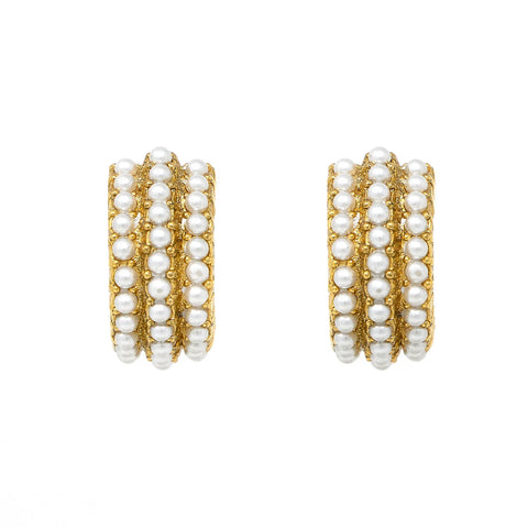 Curved pearl-studded gold earrings