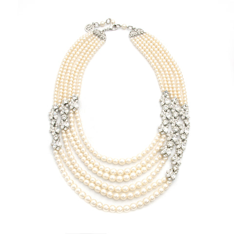 Layered pearl necklace with genuine crystals