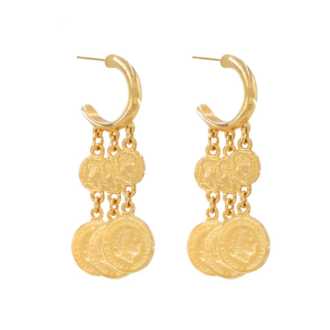 Gold coin drop-down earrings