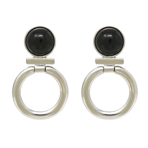 Silver hoop earrings with black stone