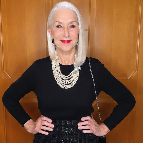 Helen Mirren at Golden Globes party in Ben-Amun pearls