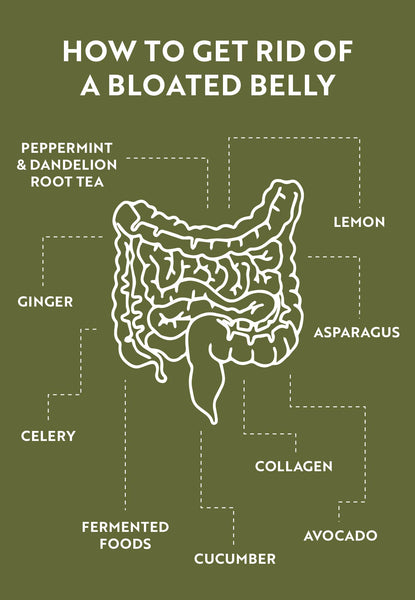 Infographic with digestive tract to show which foods are the best to help reduce bloating