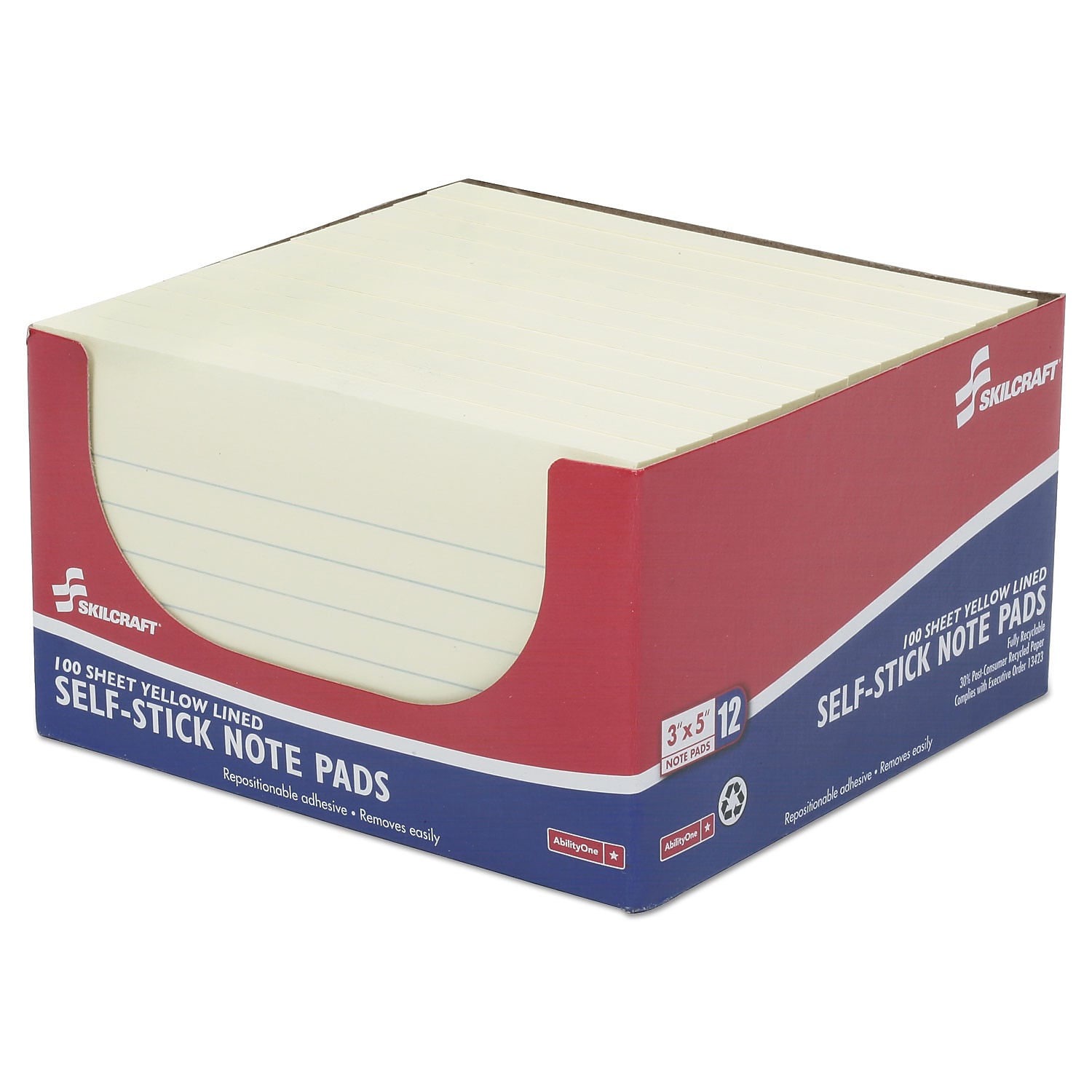 AbilityOne Skilcraft Recycled Notes, 3" x 5", Yellow, 100 Sheet/Pad, 12 Pads/Pack