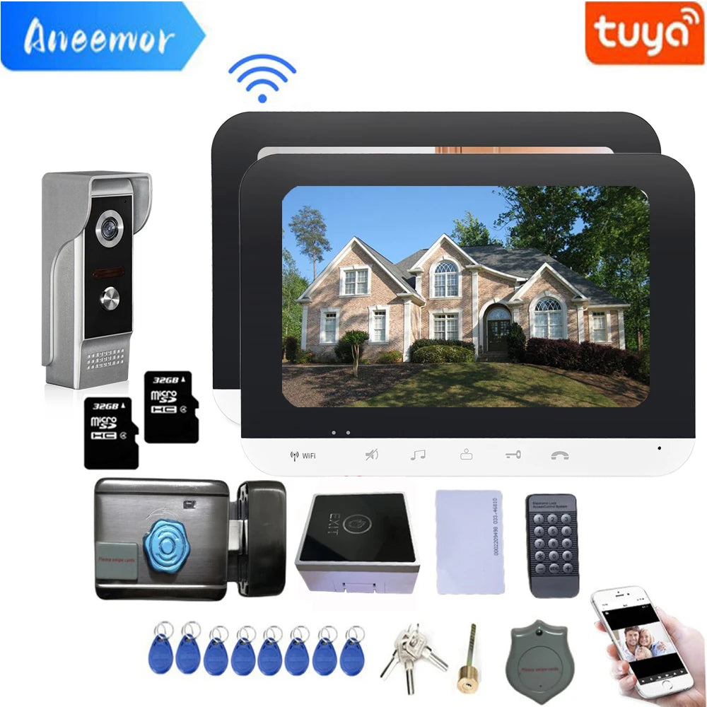 Wireless Intercom 7 Inch WiFi Video Door Phone with Electric Lock Include Two Indoor Monitor for Tuya Smart Home Security System