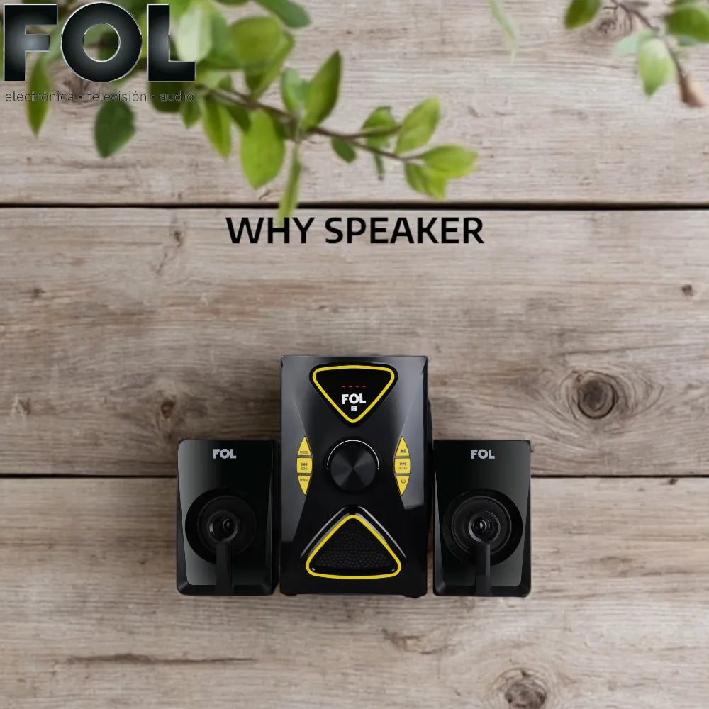 FOL multimedia speaker system with subwoofer and satellites on a wooden desk for home use