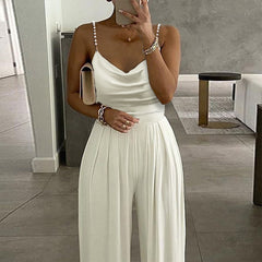 Color-White-Pearl Suspender Wide Leg Sleeveless V-neck Backless Trousers Jumpsuit-Fancey Boutique