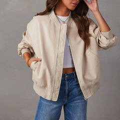 Color-White-Autumn Winter Faux Leather Varsity Jacket Jacket Long Sleeved Motorcycle Jacket Leather Coat Coat Women-Fancey Boutique