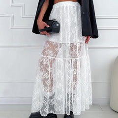 Sexy See Through Polyester Lace A Hem Office Spring Summer Dress Women-White-Fancey Boutique