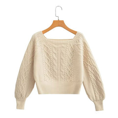 Color-Soft Glutinous Cable Knit Sweater Women Autumn Winter Sweet Idle Design Square Collar Short Sweater-Fancey Boutique