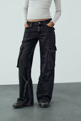 Color-Women Loose Strap Accessories Mid Waist Cargo Jeans Trousers-Fancey Boutique