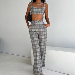 Color-Women Urban Plaid Suspender Trousers Two Piece Suit-Fancey Boutique