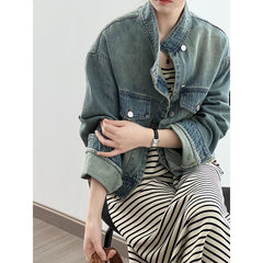 Color-Denim Jacket Women Short Autumn Korean Fashionable Stand Collar Design Coat-Fancey Boutique