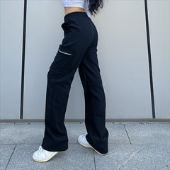 Color-Trendy Women Pants Trendy Cargo Pants Pocket Zipper Trousers Loose Street Straight Leg Pants Mop Trousers-Fancey Boutique