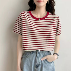 Color-The red stripe-Women Short Sleeved T shirt Summer Thin Loose Cotton Green Striped T shirt Women Top Clothes-Fancey Boutique