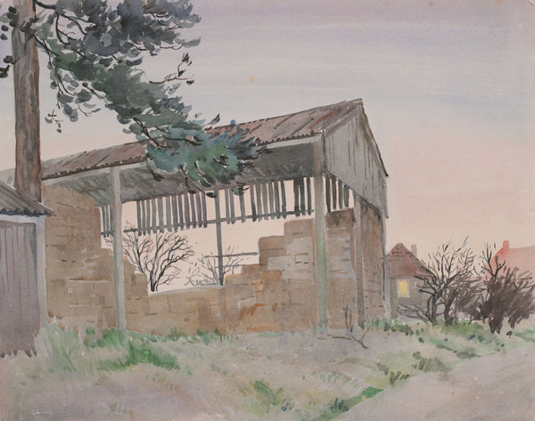 PJ Haughton, Hay Barn - Original mid-20th-century watercolour painting