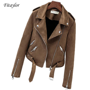 Fitaylor New Autumn Faux Suede Womens Motorcycle Jacket Faux Leather Jacket Women Biker Jacket Slim White PU Coat - Shop at Vidal Empire