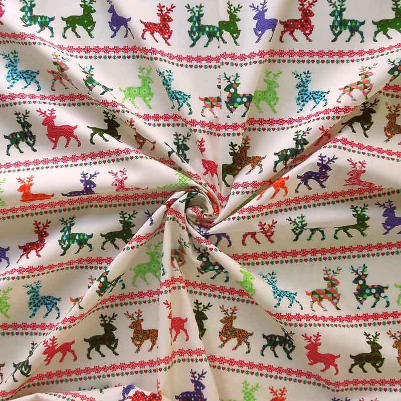 Christmas Reindeer in Rows Cotton Fabric, Kid's Xmas Coloured Reindeer Cotton Fabric - Fabric and Ribbon