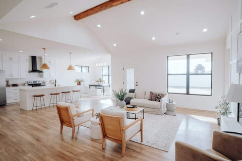 Wooden box beam on ceiling and wooden floors in modern design