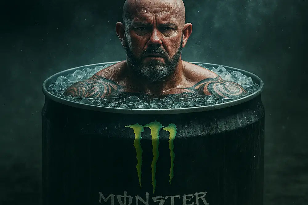 DNA Co-Founder, Sheldon Stringer sitting in an ice bath inside a giant Monster Energy can, with a serious expression and misty atmosphere.