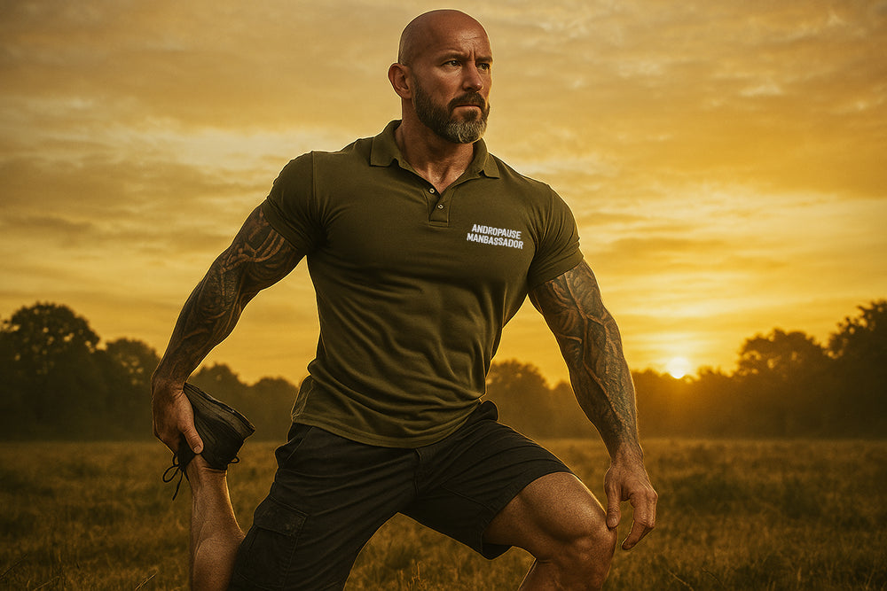 DNA Co-Founder, Sheldon Stringer stretching outdoors at sunrise wearing 'Andropause Manbassador' shirt, representing testosterone support and healthy ageing