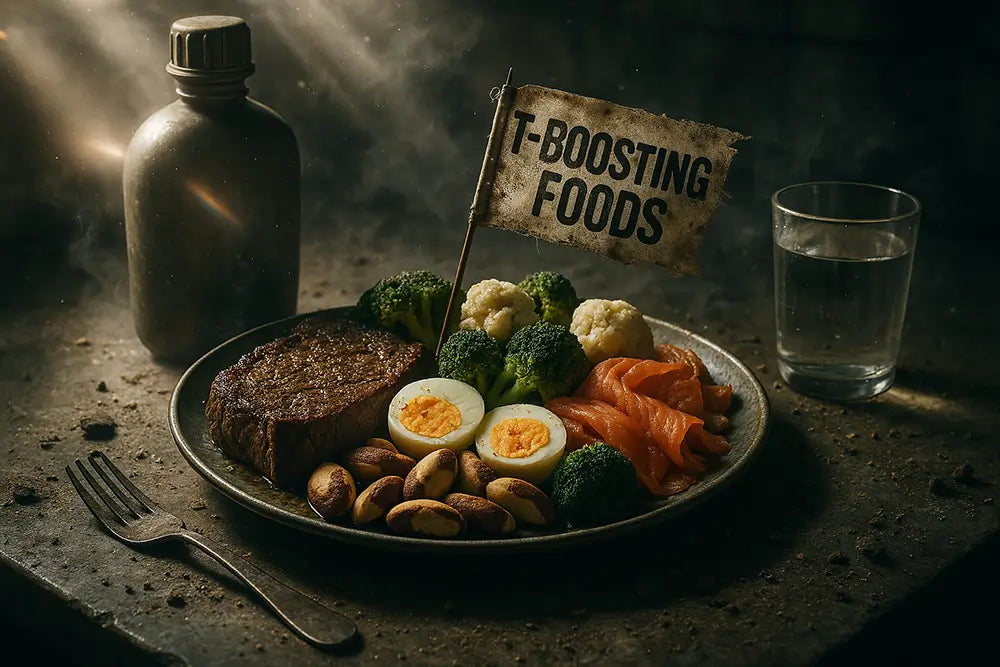 Plate of testosterone-boosting foods including steak, eggs, salmon, Brazil nuts, and broccoli, with a flag reading “T-Boosting Foods” — representing natural ways to support healthy testosterone levels.