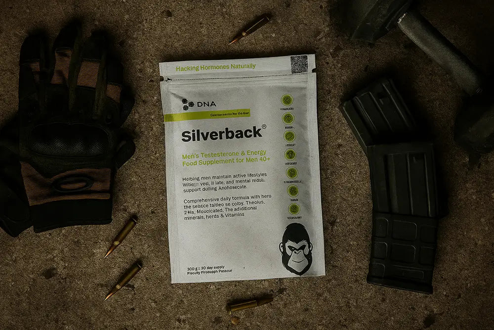 Silverback testosterone and energy supplement for men over 40, designed to support andropause, shown with tactical gear and workout equipment