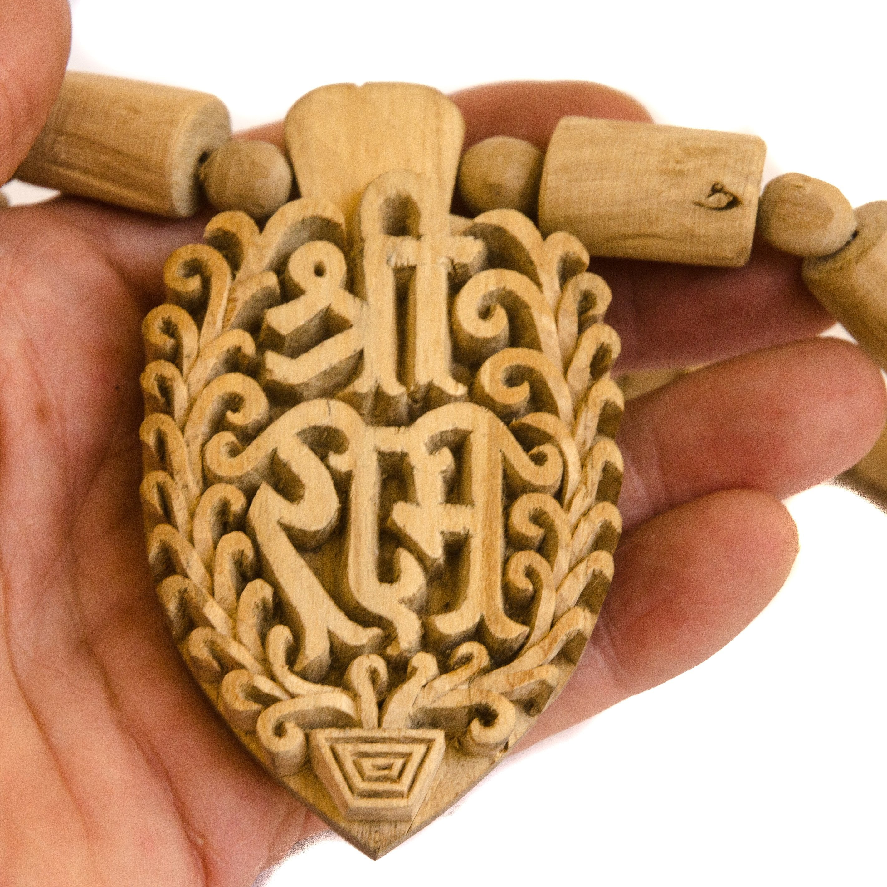 Large Intricately Carved Tulsi Pendant Necklace