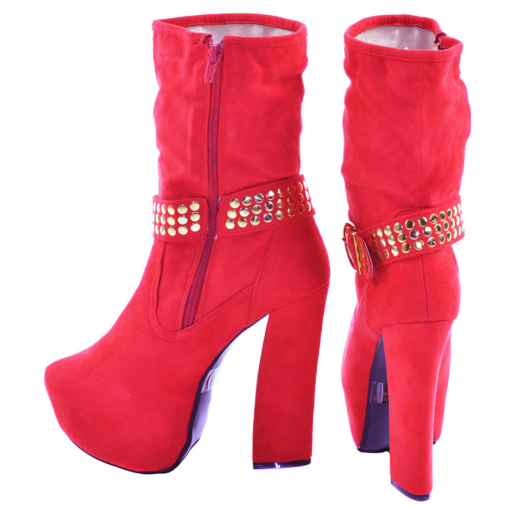 Red Faux Suede Studded Strap Booties | Sexyback Boutique
