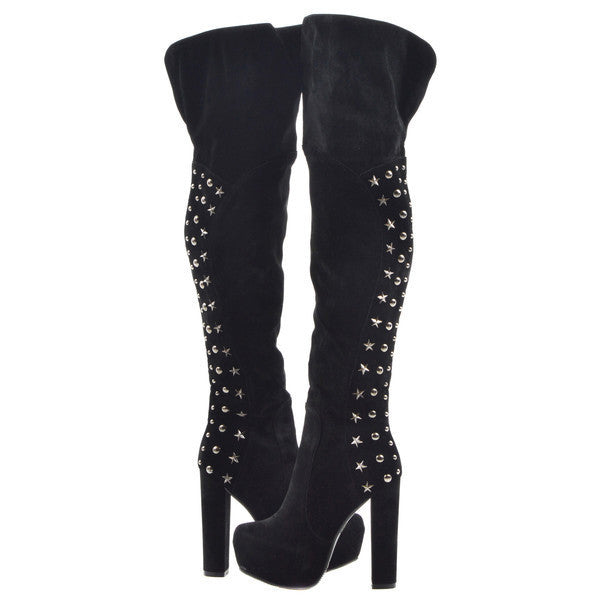 Black Studded Star Pattern Thigh High 